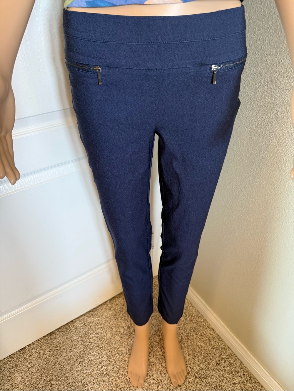Candie's Navy Cropped Ponte Ankle Pants with Front Zip Accents